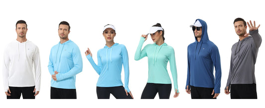 Long-sleeved T-shirt with hood, UPF 50+ breathable, for physical activity.