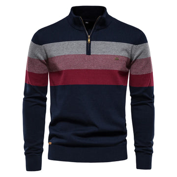 Half-Zip Striped Sweater with Half-Turtleneck