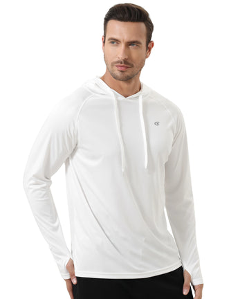 Long-sleeved T-shirt with hood, UPF 50+ breathable, for physical activity.